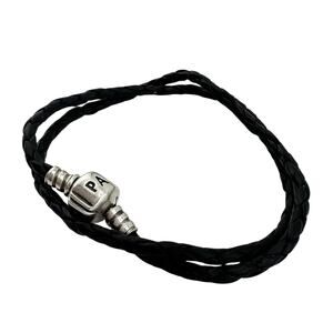 Pandora 925 Sterling Silver Black Braided Leather Wrap Charm 14.5” Bracelet